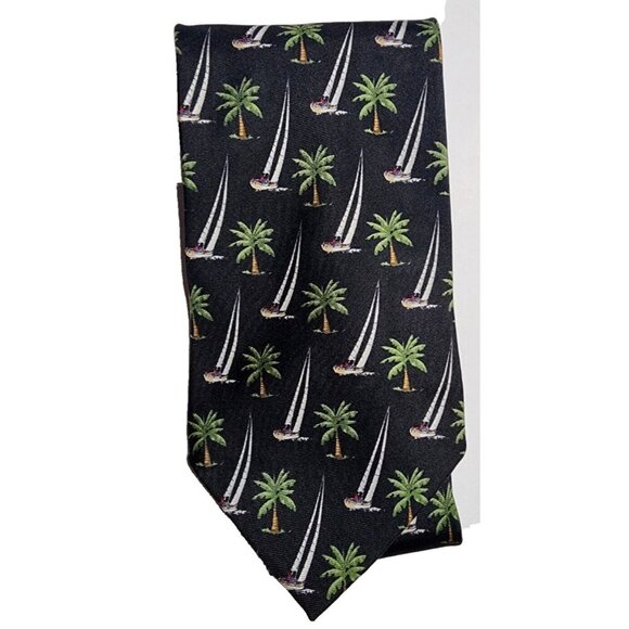 Pre-owned TROPICALS by TANGO Black Palm Trees Sailboats Silk Mens Tie - Picture 7 of 8